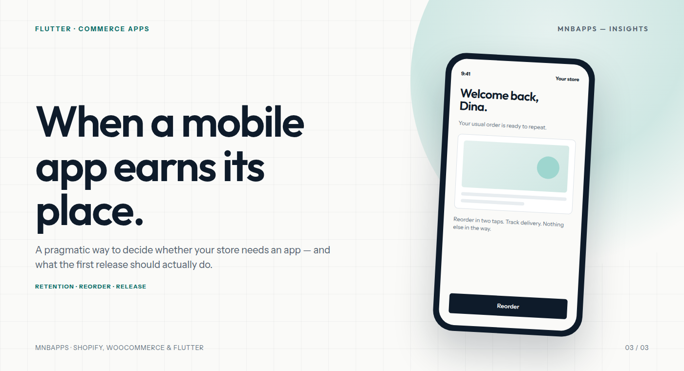 Editorial cover for a Flutter commerce app guide, showing a phone with a reorder screen.