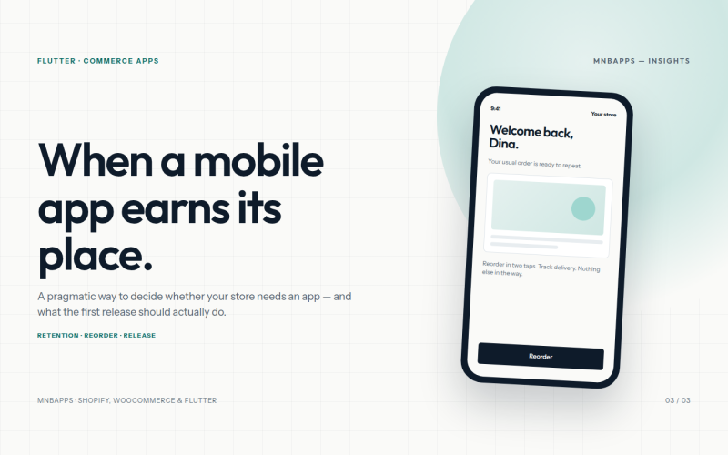 Editorial cover for a Flutter commerce app guide, showing a phone with a reorder screen.