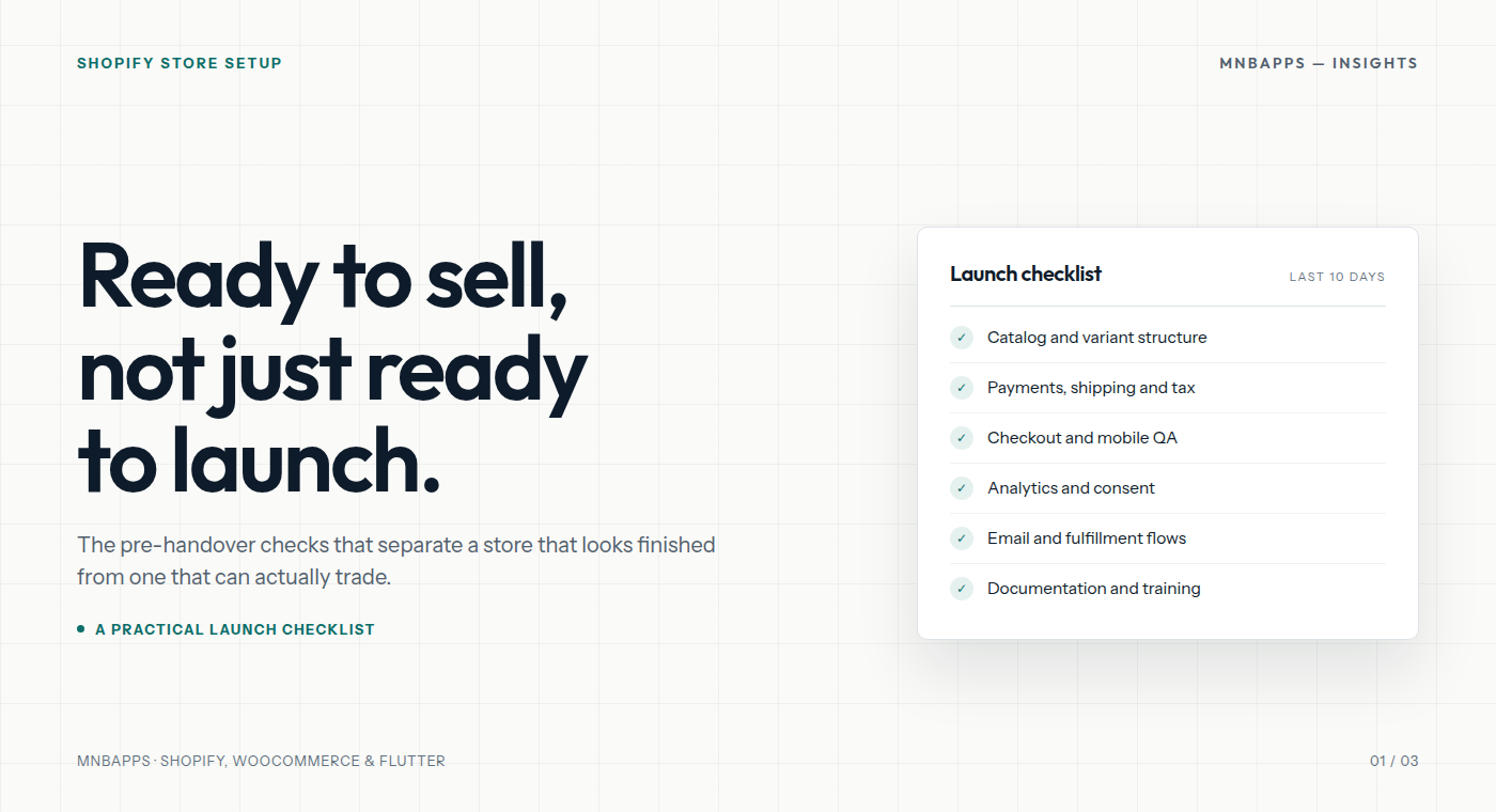 Editorial cover showing a pre-launch Shopify checklist with catalog, payments, checkout and analytics items.