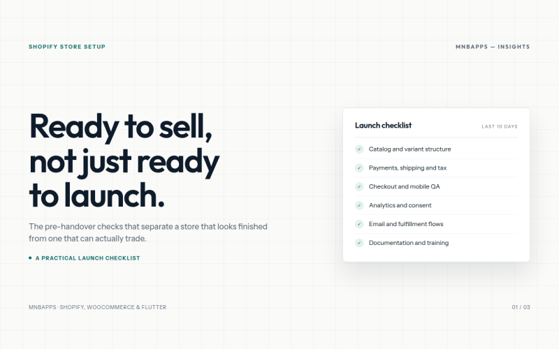 Editorial cover showing a pre-launch Shopify checklist with catalog, payments, checkout and analytics items.